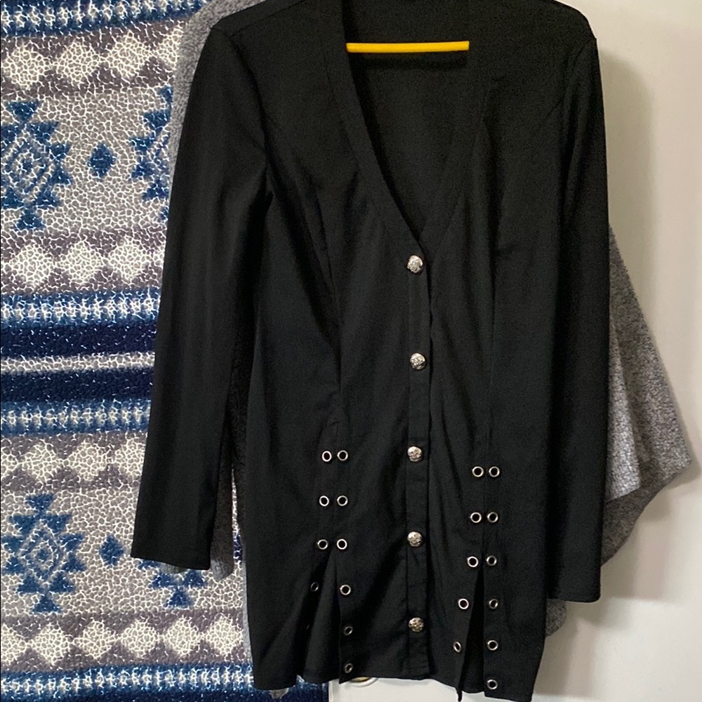 Black Button-Down Dress with Silver Accents
